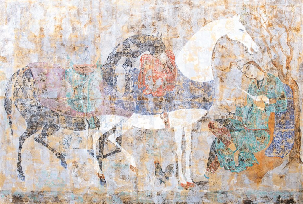 دو اسب و زن نشسته